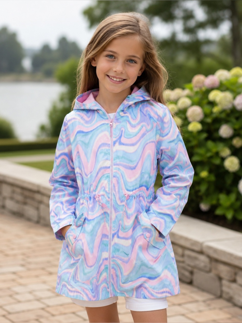 EUC ACOOLA Pastel Swirl Hooded Windbreaker Jacket Girls Size 134 cm / 8–9Y
